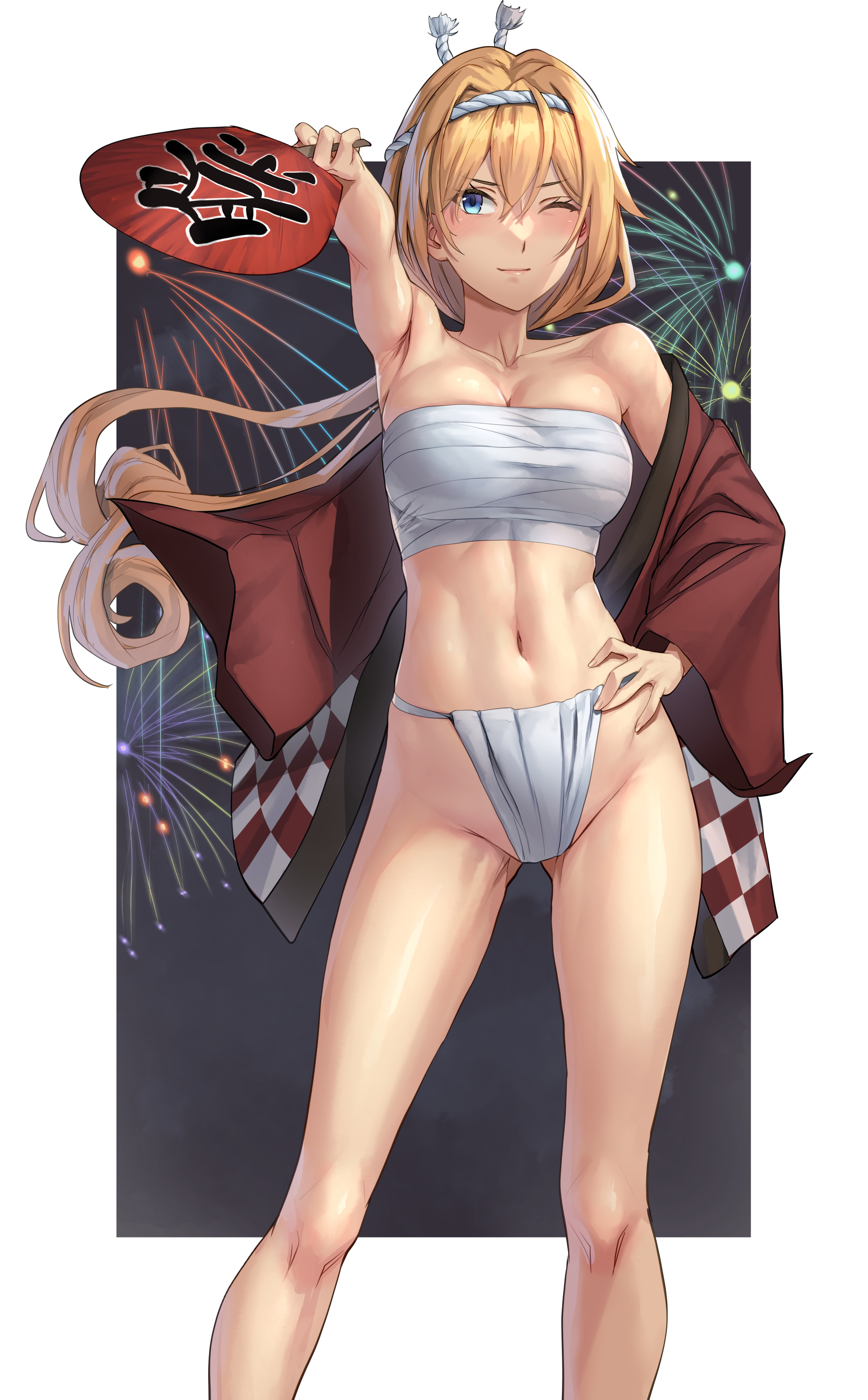 kokuzou, valiant (kancolle), kantai collection, absurdres, commentary request, highres, 1girl, ;), aerial fireworks, blonde hair, blue eyes, breasts, chest sarashi, fireworks, fundoshi, hachimaki, hair between eyes, hand fan, hand on own hip, happi, headband, japanese clothes, large breasts, long hair, looking at viewer, navel, nejiri hachimaki, one eye closed, open happi, red happi, sarashi, smile, solo, wide sleeves