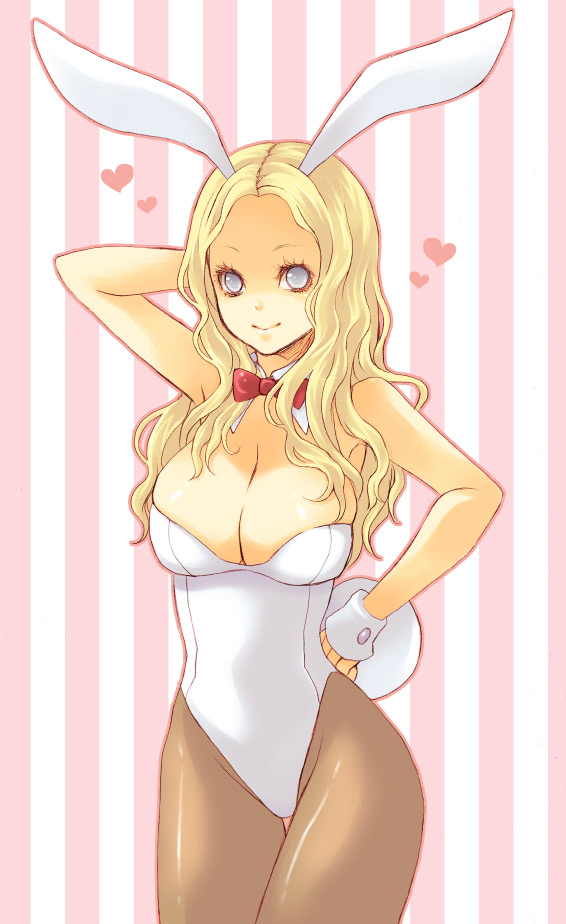 pocopoco, teresa, claymore (series), bad id, bad pixiv id, 00s, animal ears, blonde hair, breasts, cleavage, fake animal ears, grey eyes, heart, huge breasts, large breasts, leotard, long hair, pantyhose, playboy bunny, rabbit ears, rabbit tail, solo, standing, tail, wrist cuffs