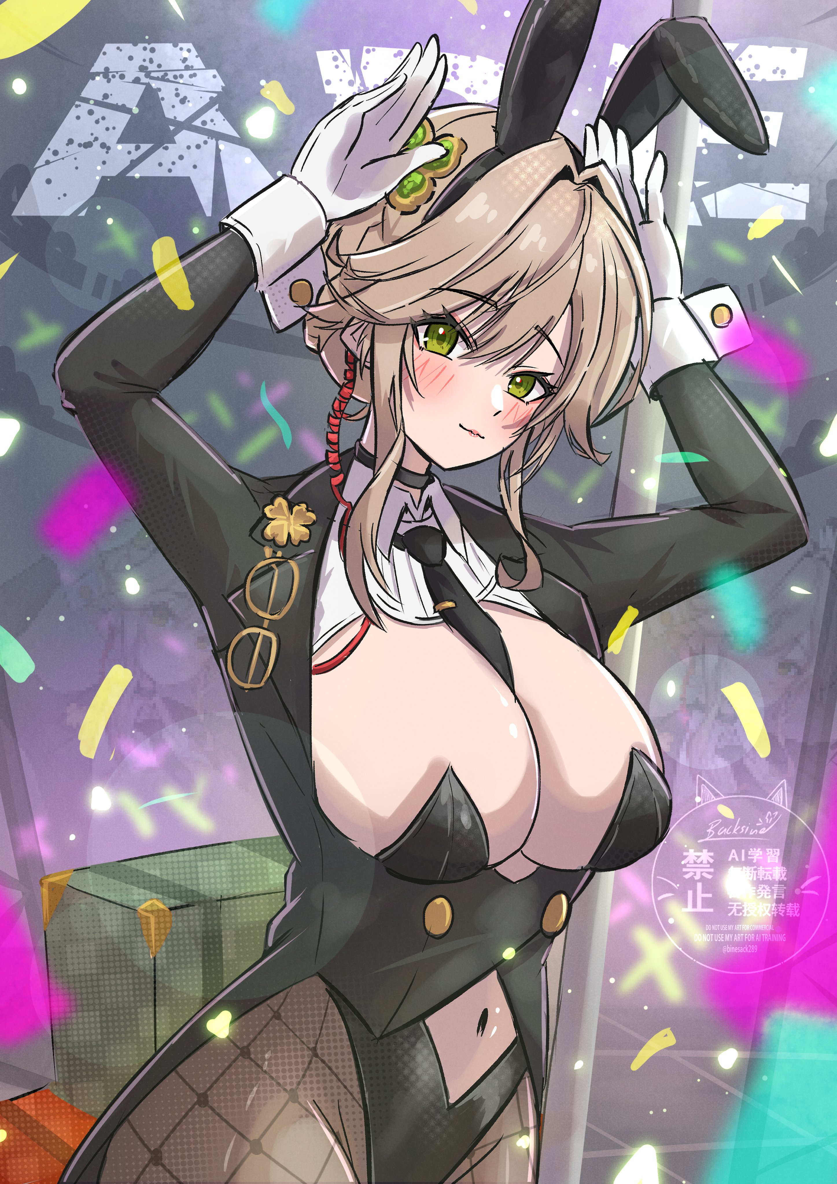 backsine, ade (nikke), goddess of victory: nikke, absurdres, highres, 1girl, ade (agent bunny) (nikke), animal ears, between breasts, black choker, black leotard, black necktie, breasts, bun with braided base, choker, clothing cutout, clover hair ornament, fake animal ears, fishnet pantyhose, fishnets, four-leaf clover hair ornament, gloves, green eyes, hair ornament, large breasts, leotard, navel cutout, necktie, necktie between breasts, official alternate costume, pantyhose, playboy bunny, rabbit ears, shirt, solo, undersized breast cup, unworn eyewear, white gloves