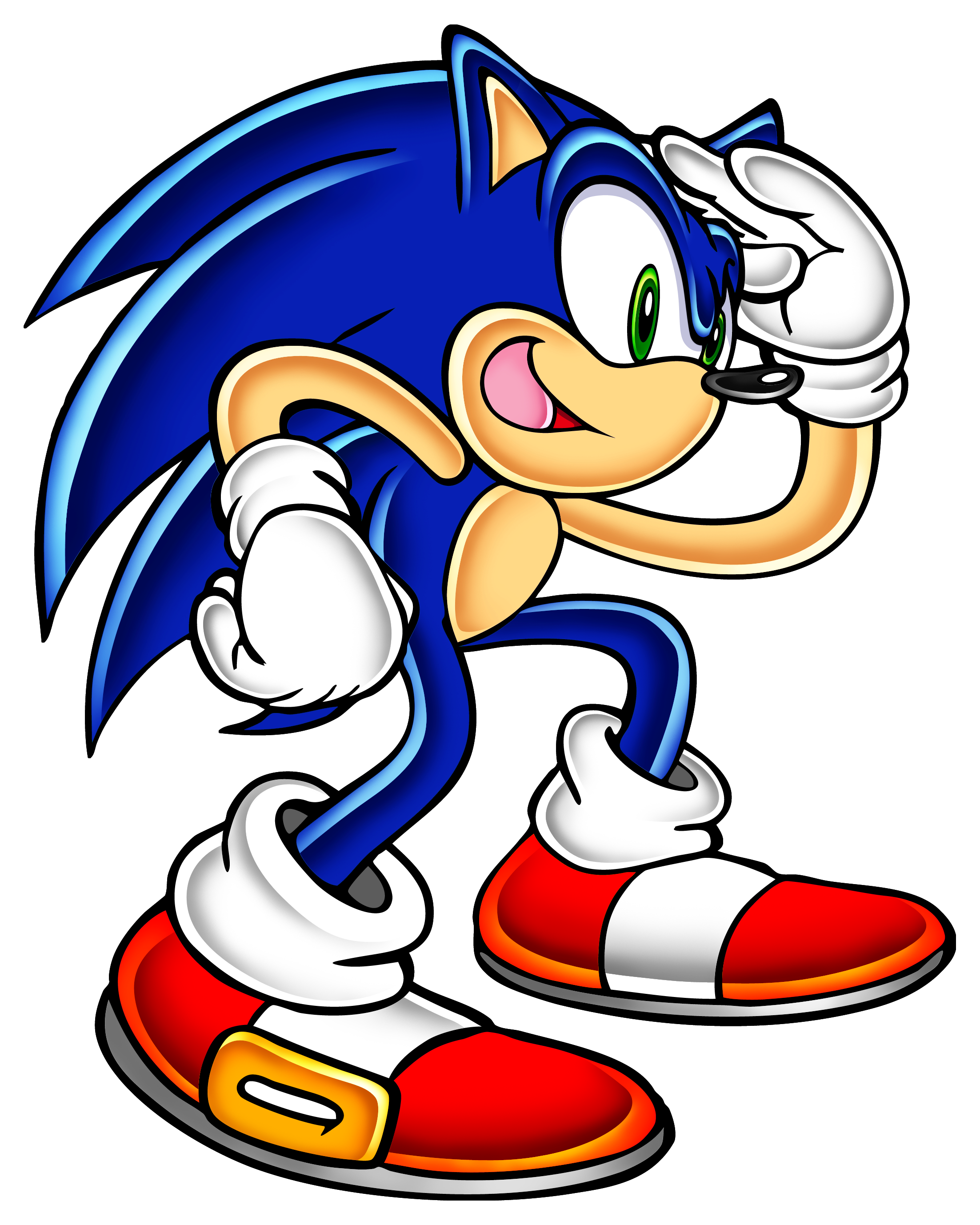 uekawa yuji, sonic the hedgehog, sega, sonic (series), sonic adventure, absurdres, highres, scan, animal ears, arm behind back, arm up, bent over, blue fur, dynamic pose, game console, gloves, green eyes, head tilt, hedgehog, red shoes, sega dreamcast, shoes, smile, sonic adventure pose, spiked hair, spikes, toon (style), transparent background, video game, white gloves