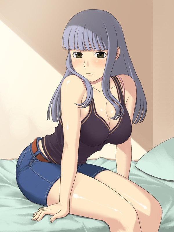 yizumi, 1girl, bare shoulders, bed, blunt bangs, breasts, cleavage, denim, denim shorts, female focus, grey hair, large breasts, long hair, shorts, sitting, solo