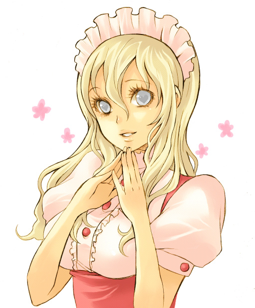 pocopoco, flora (claymore), claymore (series), bad id, bad pixiv id, 00s, 1girl, blonde hair, female focus, frills, grey eyes, hairband, long hair, maid, maid headdress, smile, solo, symbol-shaped pupils