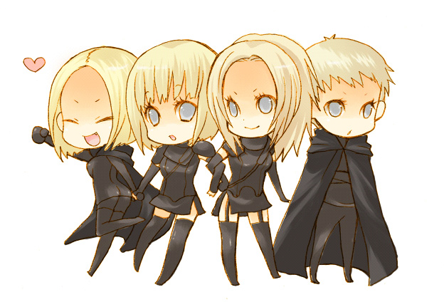 pocopoco, clare (claymore), deneve, helen, miria, claymore (series), 00s, blonde hair, cape, chibi, closed eyes, elbow gloves, fang, garter belt, gloves, grey eyes, heart, lingerie, ponytail, short hair, standing, thighhighs, underwear