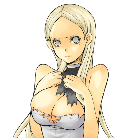pocopoco, undine (claymore), claymore (series), bad id, bad pixiv id, 00s, 1girl, bare shoulders, blonde hair, breasts, bursting breasts, cleavage, covered erect nipples, female focus, grey eyes, large breasts, long hair, simple background, solo, tears, torn clothes