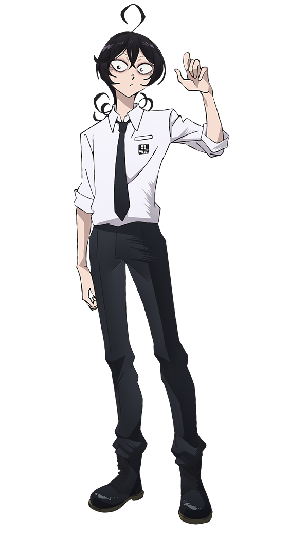 fuyumura shiori, sanda (itagaki paru), official art, 1girl, ahoge, anime coloring, black boots, black hair, black necktie, black pants, boots, closed mouth, collared shirt, crossed bangs, full body, hair between eyes, hand up, ishiyama masamichi, long sleeves, looking at viewer, medium hair, necktie, pants, school uniform, shirt, simple background, sleeves rolled up, solo, standing, tachi-e, transparent background, white shirt