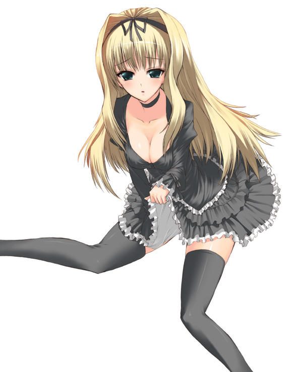 suzume inui, kusugawa sasara, to heart (series), to heart 2, 00s, 1girl, blonde hair, breasts, cleavage, clothes lift, dress, dress lift, female focus, large breasts, long hair, solo, thighhighs
