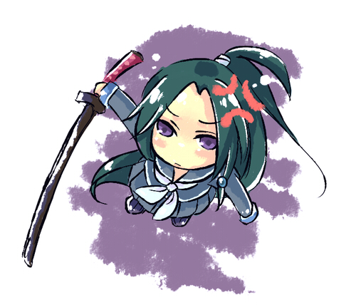 kumuiutabito, tokinomiya kamui, arcana heart, lowres, 1girl, chibi, female focus, green hair, katana, long hair, purple eyes, school uniform, serafuku, solo, sword, weapon