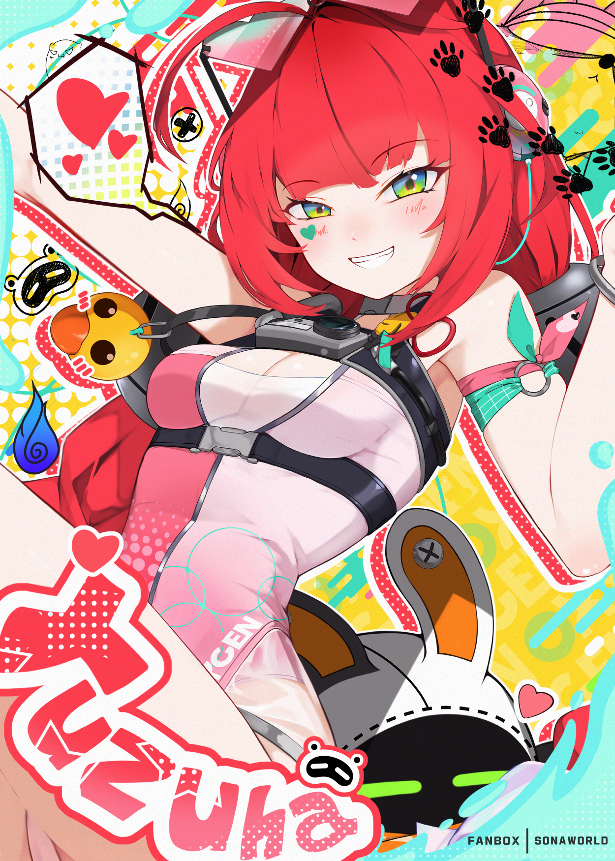 sonaworld, bangboo (zenless zone zero), eous (zenless zone zero), ukinami yuzuha, ukinami yuzuha (tanuki in broad daylight), zenless zone zero, highres, arm strap, bird, blush, bracelet, character name, duck, eyewear on head, green eyes, hair ornament, jewelry, long hair, open mouth, red hair, sphere hair ornament, sticker, sticker on face, swimsuit