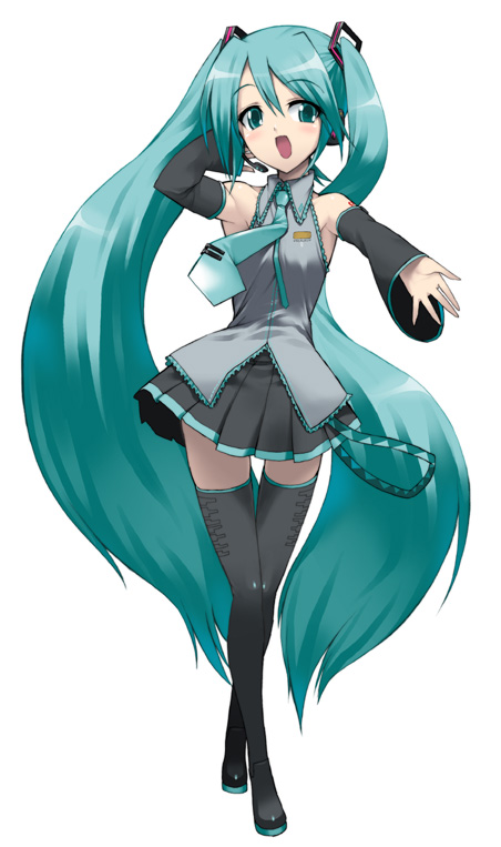 suzume inui, hatsune miku, vocaloid, boots, detached sleeves, green eyes, green hair, legs, long hair, necktie, skirt, solo, thigh boots, thighhighs, twintails