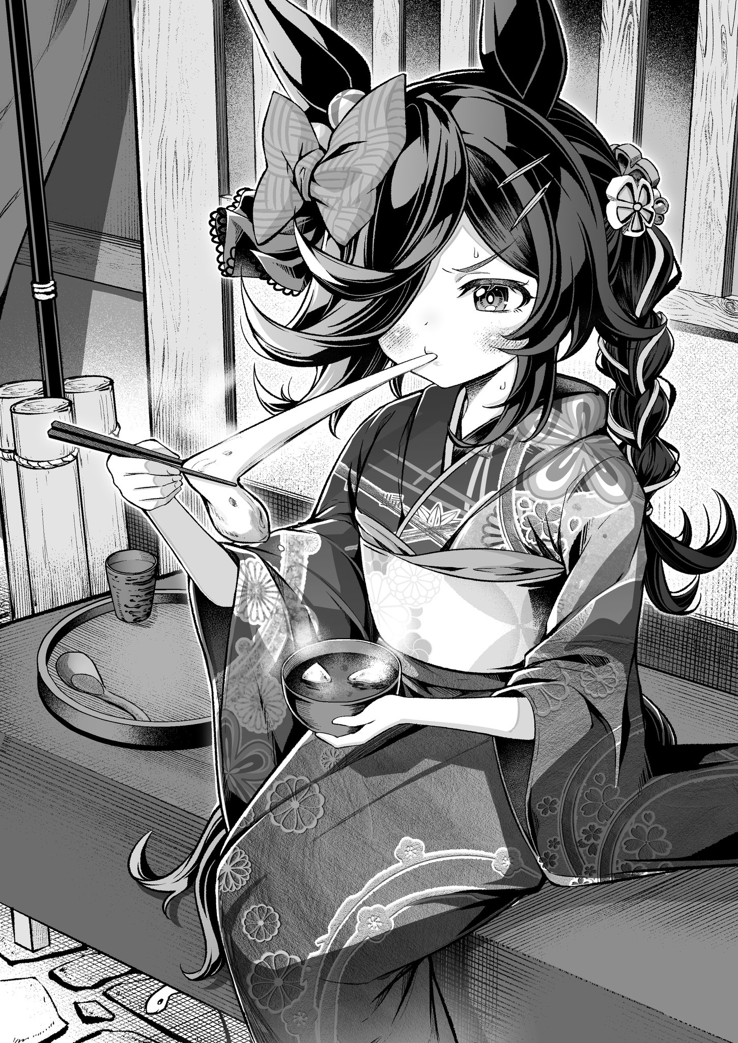 hero (10cl3), rice shower (umamusume), umamusume, highres, 1girl, animal ears, bow, ear bow, ear ornament, greyscale, hair over one eye, horse ears, horse girl, horse tail, monochrome, tail