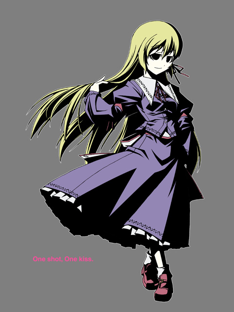 akakage red, red (artist), maribel hearn, ghostly field club, touhou, 1girl, blonde hair, collar, dress, female focus, full body, loafers, long sleeves, purple dress, shoes, socks, solo, standing, white socks