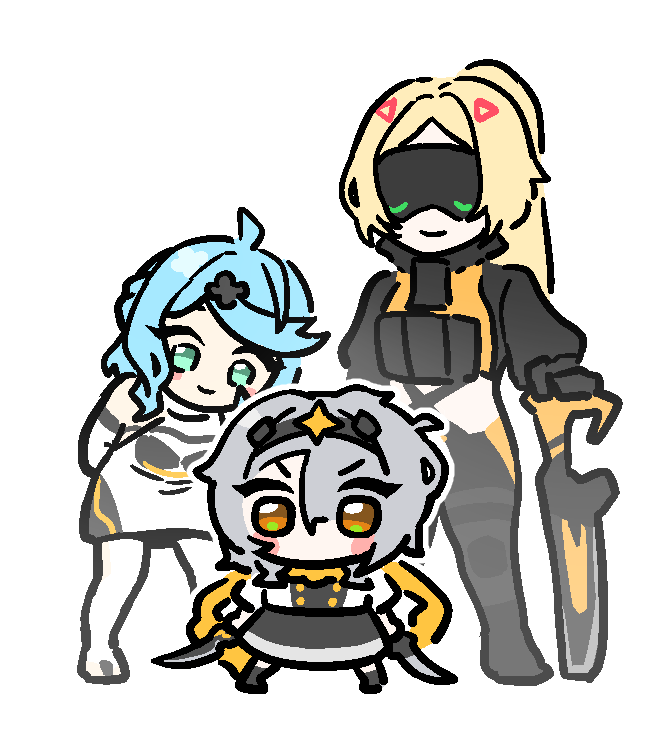 anby demara, anby demara (silver soldier), seed (zenless zone zero), trigger (zenless zone zero), zenless zone zero, aqua eyes, bare shoulders, black hairband, blindfold, blonde hair, blue hair, burger hair ornament, camouflage, camouflage jacket, camouflage pants, covered eyes, dollarwang, dual wielding, eye mask, food-themed hair ornament, formal clothes, gloves, glowing mask, grey hair, gun, gunblade, hair ornament, hairband, hairpin, holding, holding sword, holding weapon, jacket, latex pants, orange eyes, pants, rifle, shorts, shorts under skirt, shrug (clothing), skirt under dress, sniper rifle, suit, sword, tight clothes, tight pants, triangle hair ornament, weapon, white background, white gloves, white shrug, white suit, zipper pull tab