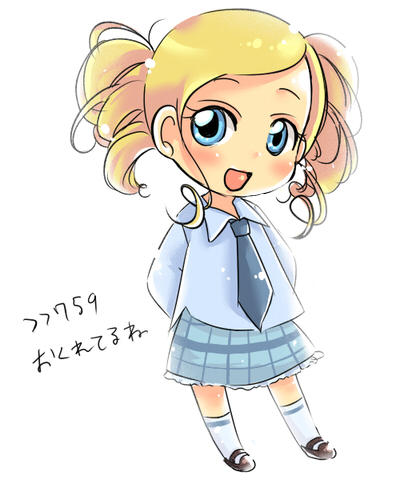 kumuiutabito, goutokuji miyako, powerpuff girls, powerpuff girls z, lowres, translation request, 00s, 1girl, blonde hair, blue eyes, bubble, chibi, female focus, school uniform, solo, twintails