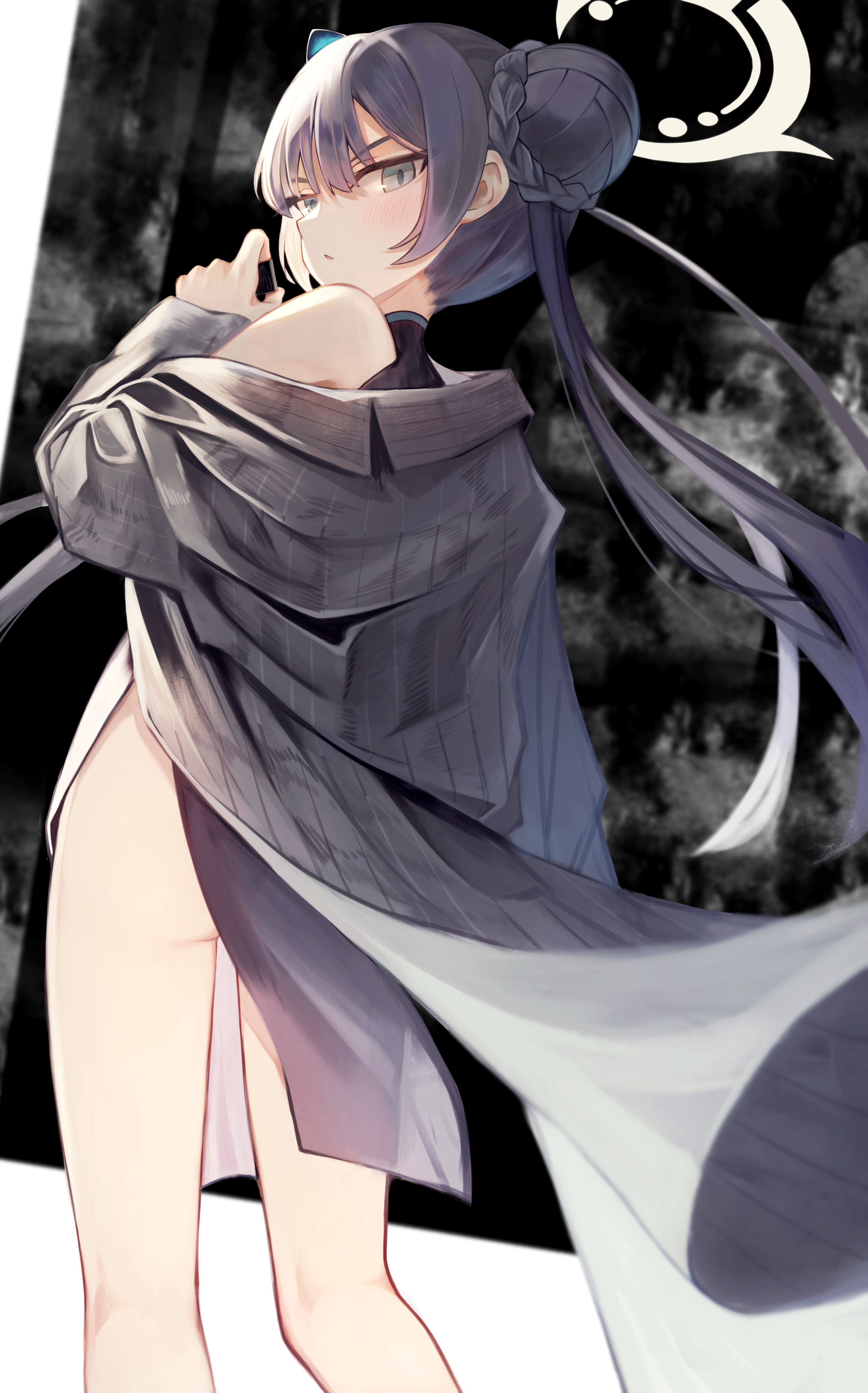 r32532107, kisaki (blue archive), blue archive, absurdres, commentary, highres, 1girl, ass, backlighting, black background, black dress, black hair, blush, bun with braided base, china dress, chinese clothes, dress, feet out of frame, floating clothes, floating hair, from behind, frown, grey eyes, grey jacket, halo, hand up, jacket, long hair, long sleeves, looking at viewer, looking back, no panties, parted lips, pelvic curtain, simple background, single bare shoulder, sleeveless, sleeveless dress, solo, standing, striped clothes, striped jacket, twintails, v-shaped eyebrows, vertical-striped clothes, vertical-striped jacket, very long hair, white halo