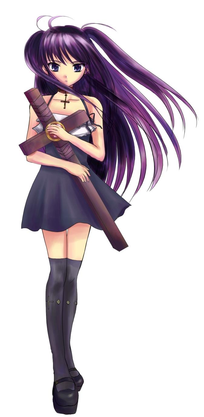 nekori, highres, cross, dress, latin cross, long hair, purple hair, solo, thighhighs