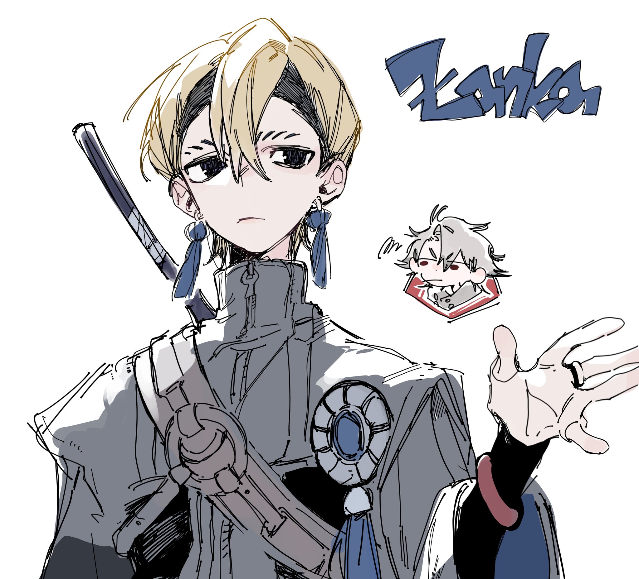 rudo surebrec, zanka nijiku, gachiakuta, highres, 2boys, black eyes, blonde hair, bracelet, chibi, chibi inset, closed mouth, earrings, grey jacket, hair between eyes, hand up, jacket, jewelry, multiple boys, simple background, solo focus, tassel, tassel earrings, tobiuo rd, white background