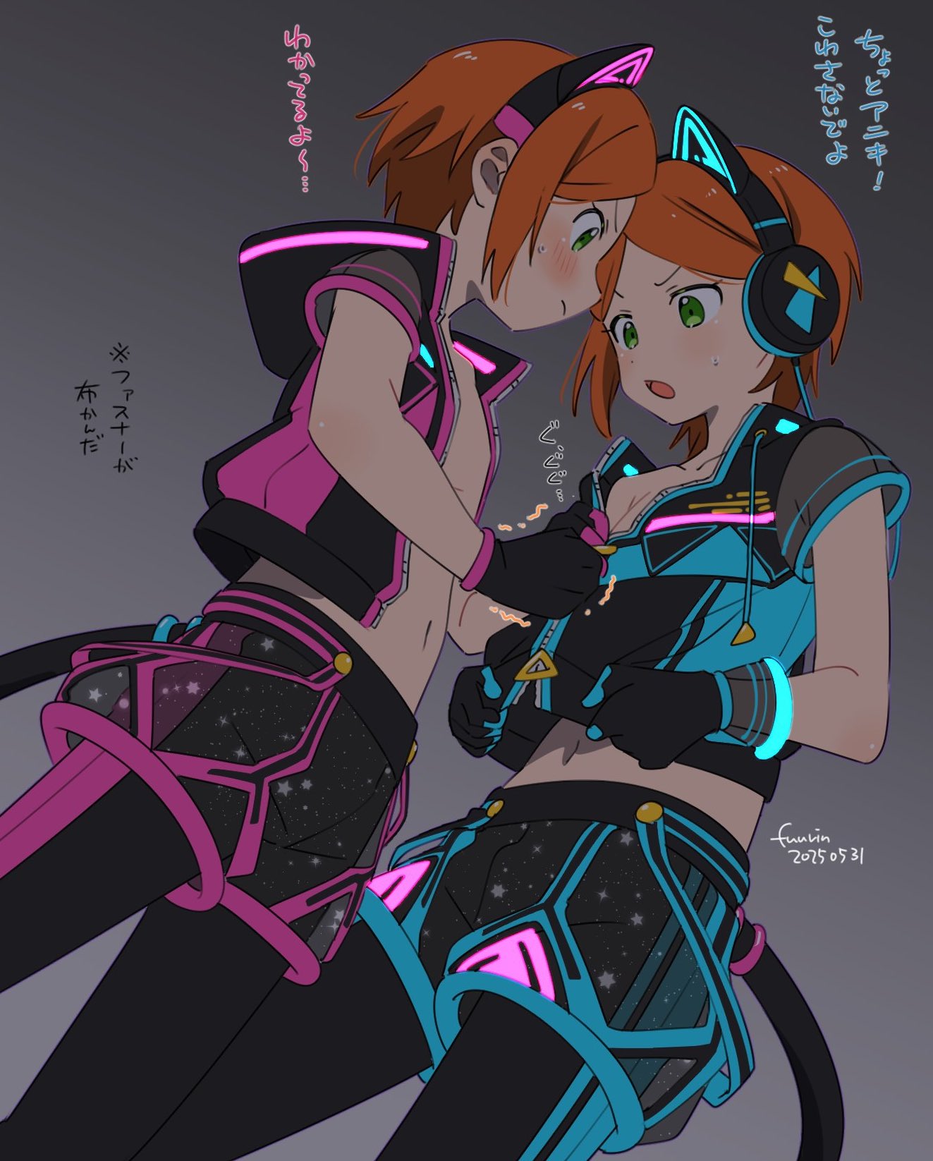fuurin (sior fr), aoi hinata, aoi yuta, ensemble stars!, highres, translation request, 2boys, 2wink (ensemble stars!), animal ear headphones, animal ears, black gloves, black jacket, black leggings, blush, brothers, cat ear headphones, cat tail, cowboy shot, cropped jacket, dutch angle, fake animal ears, fake tail, fingerless gloves, gloves, green eyes, grey background, headphones, jacket, leggings, male focus, midriff, multicolored jacket, multiple boys, navel, open clothes, open jacket, orange hair, parted bangs, see-through clothes, see-through shorts, short hair, short shorts, short sleeves, shorts, siblings, simple background, tail, twins, zipper, zipping