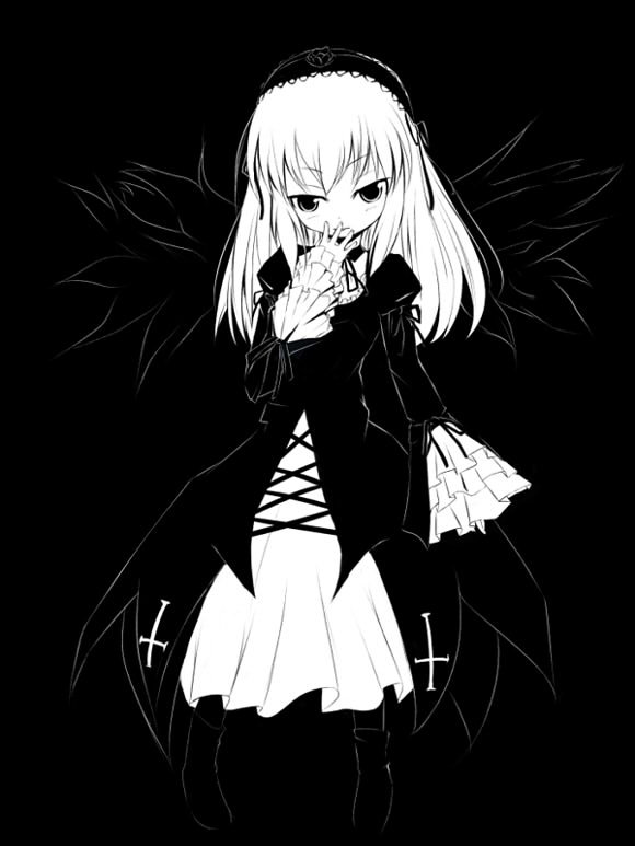 kuro (be ok), suigintou, rozen maiden, 00s, 1girl, female focus, greyscale, long hair, monochrome, solo, wings