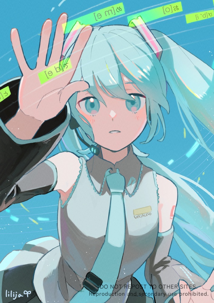 lilija, hatsune miku, vocaloid, 1girl, aqua eyes, aqua hair, aqua necktie, bare shoulders, black skirt, black sleeves, blue background, blush, collared shirt, detached sleeves, english text, grey shirt, hair between eyes, hair ornament, headset, long hair, long sleeves, looking at viewer, necktie, parted lips, pleated skirt, shirt, skirt, sleeveless, sleeveless shirt, solo, twintails, upper body, very long hair
