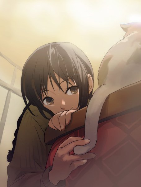 watarai, watarai keiji, original, bad id, bad pixiv id, black hair, braid, brown eyes, cat, cat tail, holding another's tail, light smile, smile, solo, tail, tail grab, twin braids