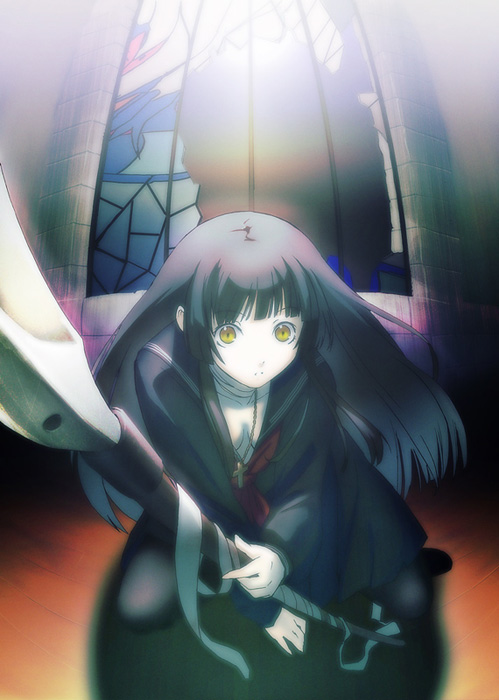 watarai, watarai keiji, akiduki kureha, akizuki kureha, reconquista, bad id, bad pixiv id, 1girl, bandages, breasts, church, cleavage, cross, female focus, jewelry, latin cross, necklace, polearm, school uniform, serafuku, small breasts, solo, spear, stained glass, weapon, yellow eyes