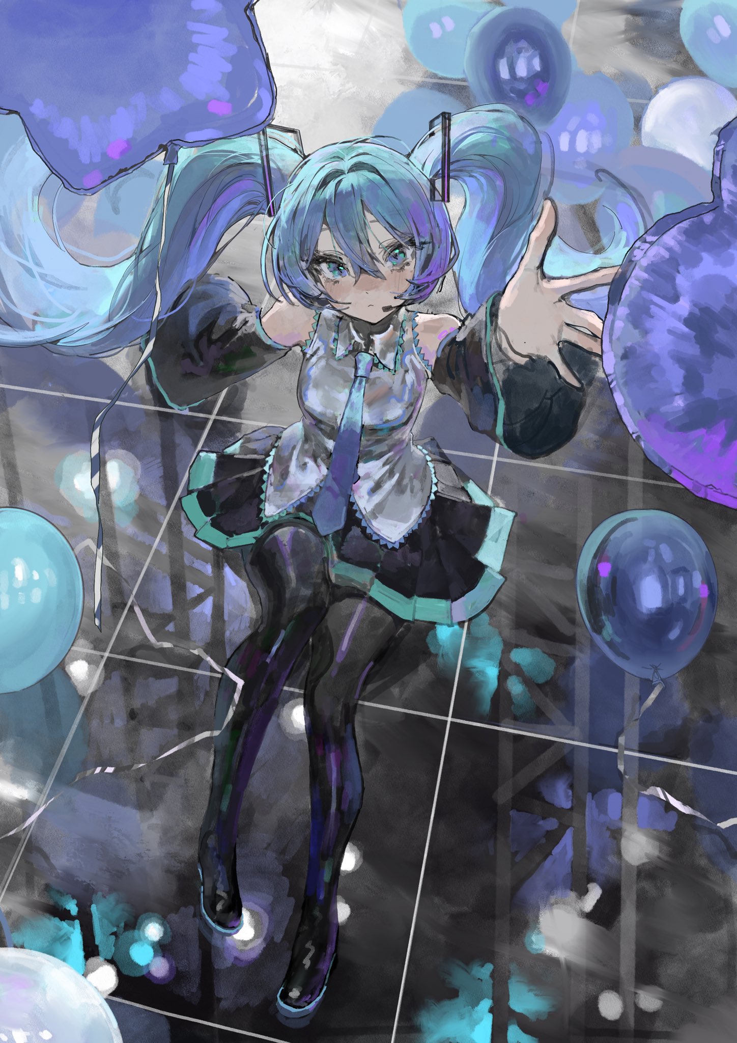 mo011010, hatsune miku, vocaloid, highres, 1girl, aqua eyes, aqua hair, aqua necktie, balloon, bare shoulders, black skirt, black sleeves, blue eyes, blue hair, blue necktie, boots, collared shirt, detached sleeves, from above, full body, grey shirt, hair between eyes, hair ornament, headset, long hair, looking at viewer, necktie, pleated skirt, reaching, reaching towards viewer, shirt, sitting, skirt, sleeveless, sleeveless shirt, solo, thigh boots, tile floor, tiles, twintails, very long hair