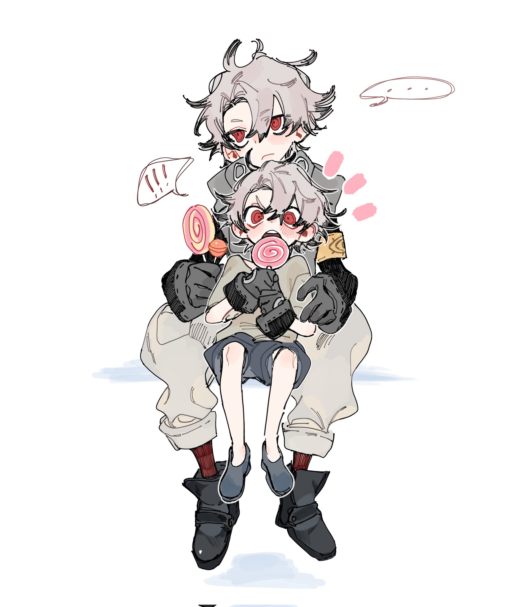 rudo surebrec, gachiakuta, highres, !, !!, …, 2boys, aged down, armband, black boots, boots, candy, dual persona, food, grey hair, grey pants, grey shorts, grey vest, holding, holding candy, holding food, holding lollipop, lollipop, multiple boys, open mouth, pants, parted bangs, red eyes, shorts, speech bubble, tobiuo rd, vest, yellow armband