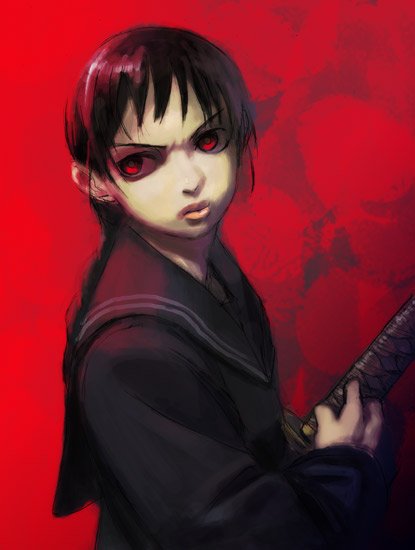 watarai, watarai keiji, otonashi saya, saya (blood the last vampire), blood the last vampire, bad id, bad pixiv id, 00s, katana, red eyes, school uniform, serafuku, sword, vampire, weapon