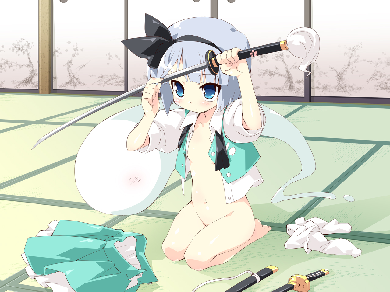 petenshi (dr. vermilion), konpaku youmu, konpaku youmu (ghost), touhou, 1girl, barefoot, blue eyes, female focus, flat chest, grey hair, hitodama, katana, no bra, no panties, solo, sword, tatami, weapon