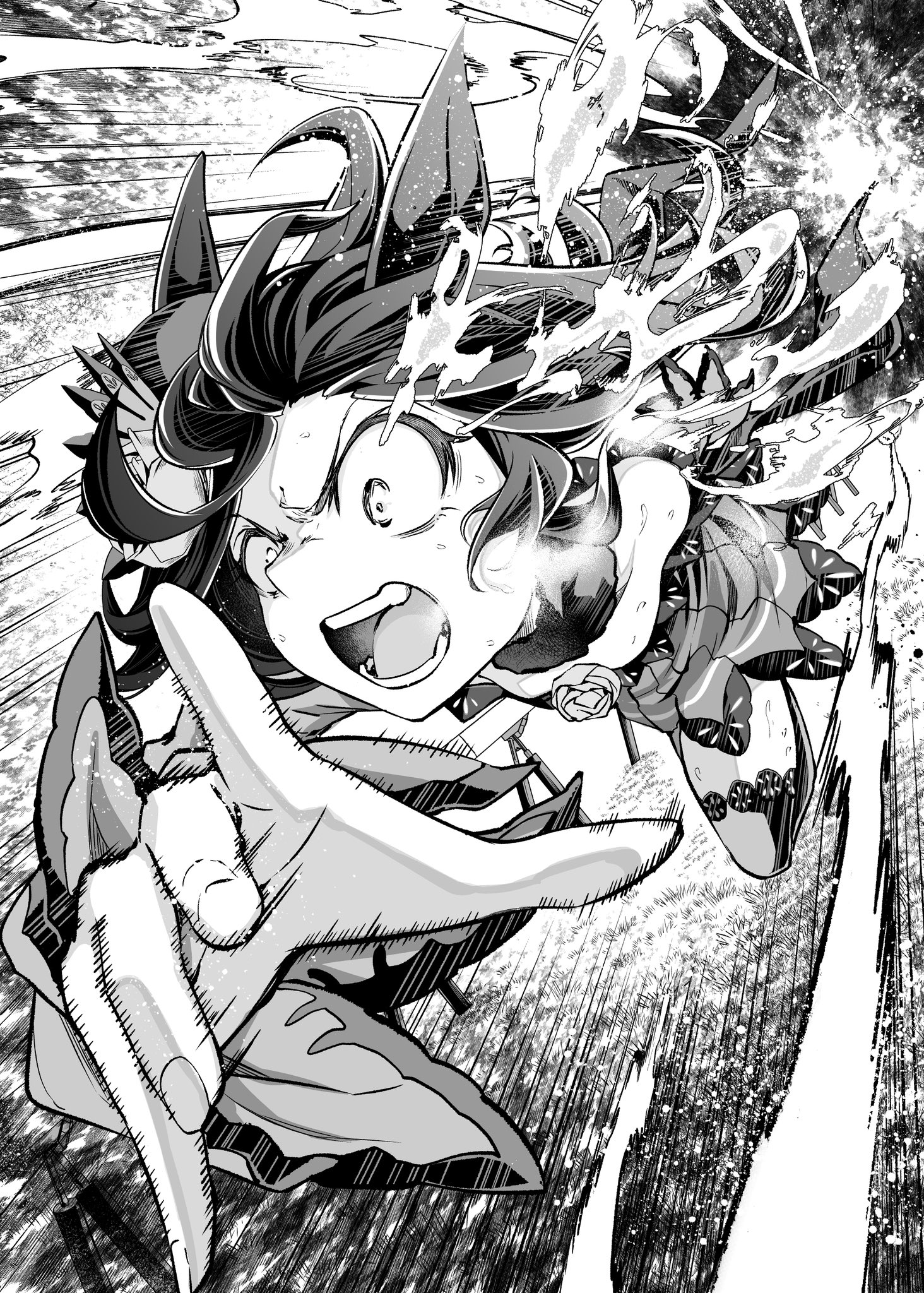 hero (10cl3), rice shower (umamusume), umamusume, highres, 1girl, animal ears, blue flower, blue rose, bow, ear bow, flower, greyscale, hair over one eye, hat, hat flower, horse ears, horse girl, horse tail, monochrome, rose, tail