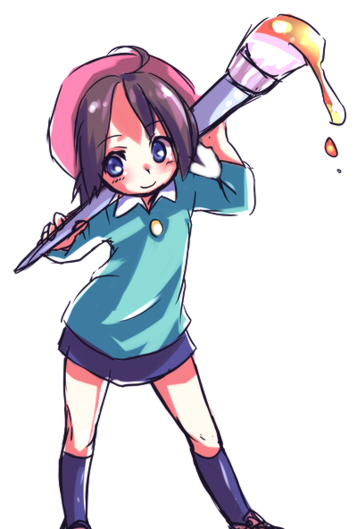 kumuiutabito, adeleine, kirby (series), kirby 64, nintendo, ahoge, art brush, beret, blue eyes, brown hair, giant brush, hat, paintbrush, red hat, short hair, socks, solo