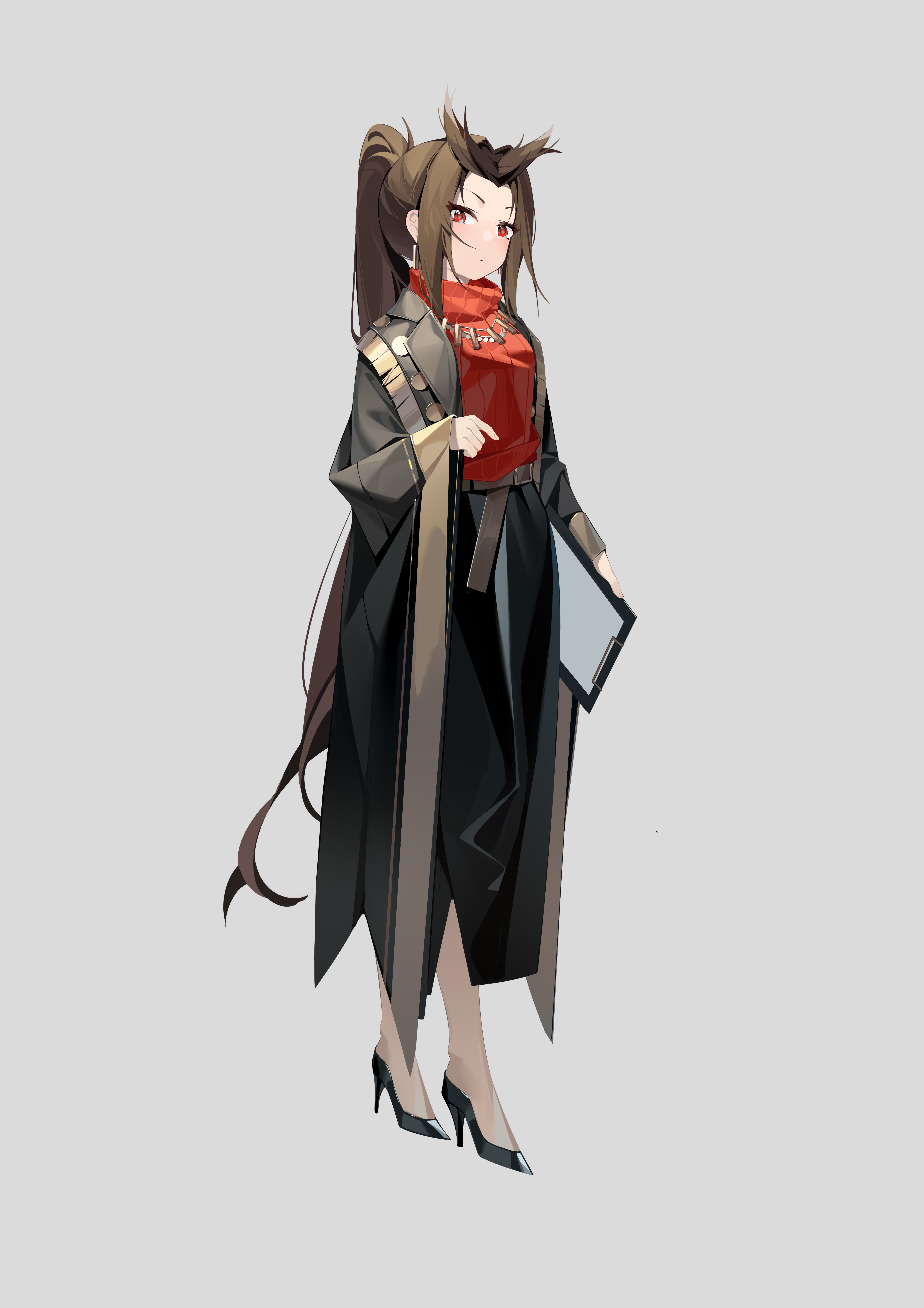 sp (8454), absurdres, highres, 1girl, belt, breasts, brown hair, closed mouth, full body, jacket, long hair, looking at viewer, open clothes, open jacket, red eyes, red sweater, shoes, simple background, solo, sweater, white background