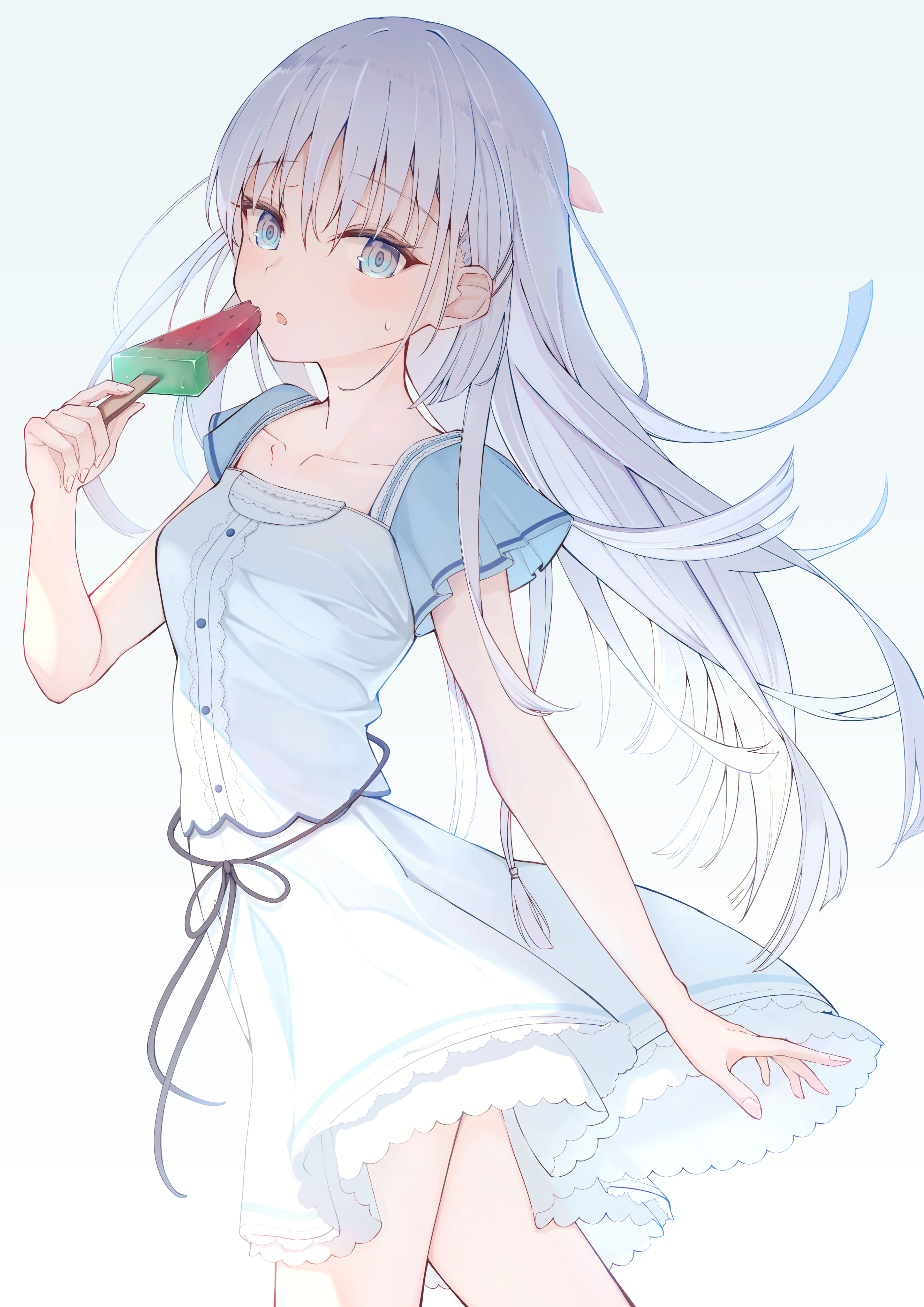 r32532107, naruse shiroha, summer pockets, absurdres, commentary, highres, 1girl, :o, blue eyes, blunt ends, blush, center frills, collarbone, cowboy shot, eyelashes, fingernails, floating hair, food, frilled shirt, frilled skirt, frills, hair behind ear, hair between eyes, hair ornament, hairclip, hand up, holding, holding food, holding popsicle, long hair, looking at viewer, medium skirt, open mouth, parallel hairclips, petticoat, popsicle, ringed eyes, shirt, short sleeves, sidelocks, simple background, skirt, solo, sweatdrop, very long hair, watermelon bar, white background, white hair, white shirt, white skirt