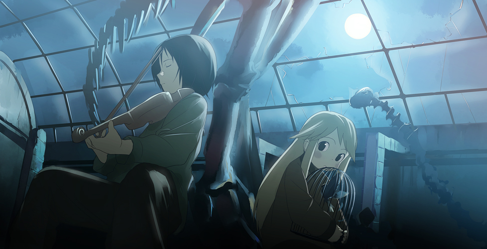 watarai, watarai keiji, bad id, bad pixiv id, 1boy, 1girl, bird, birdcage, blush, blush stickers, cage, closed eyes, cover, cover page, indoors, instrument, moon, museum, night, skeleton, violin