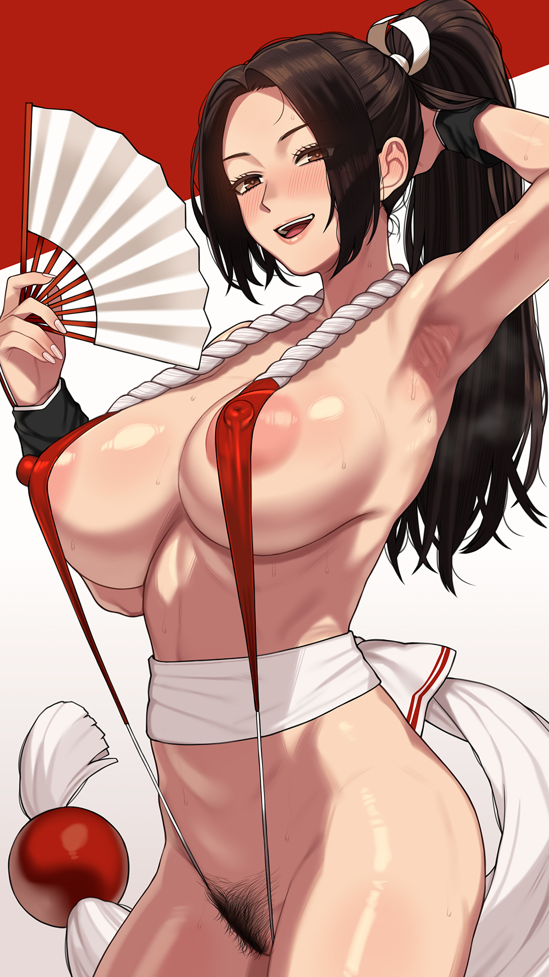 nt00, shiranui mai, fatal fury, commentary request, highres, 1girl, :d, areola slip, arm up, armpits, blush, breasts, brown eyes, brown hair, covered erect nipples, female pubic hair, folding fan, hand fan, hand up, high ponytail, holding, holding fan, large breasts, long hair, looking at viewer, open mouth, ponytail, pubic hair, revealing clothes, simple background, slingshot swimsuit, smile, solo, steaming body, sweat, swimsuit, teeth, tongue, upper teeth only, white background