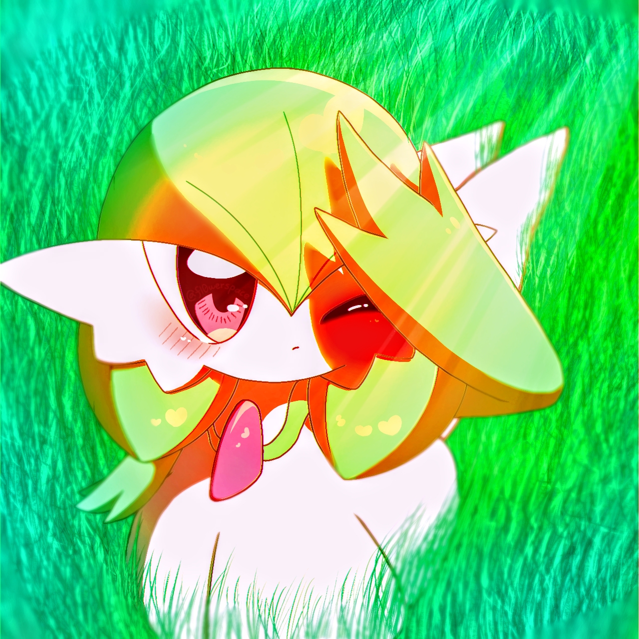 yuri (fl0werspace), gardevoir, nintendo, pokemon, 1girl, arm at side, arm up, blurry, blush, bob cut, closed mouth, colored skin, day, depth of field, female focus, flat chest, from above, full body, gen 3 pokemon, grass, green background, green hair, green skin, green theme, hair between eyes, hair over one eye, heart, light rays, looking afar, looking up, multicolored skin, one eye closed, one eye covered, outdoors, pokemon (creature), red eyes, shading eyes, short hair, solo, standing, sunlight, two-tone skin, white skin