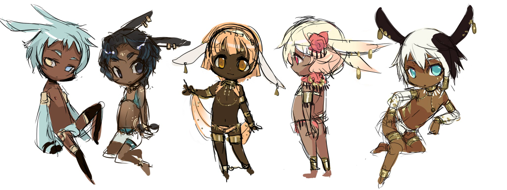 pantsuga, bad id, bad pixiv id, copyright request, 5boys, animal ears, anklet, aqua eyes, black eyes, black hair, blonde hair, blue eyes, blue hair, chibi, crossdressing, crossdressing (mtf), dark-skinned male, dark skin, earrings, heterochromia, jewelry, multicolored hair, multiple boys, nipple piercing, nipples, panties, piercing, rabbit ears, red eyes, short hair, shota, sketch, trap, underwear, white hair, yellow eyes