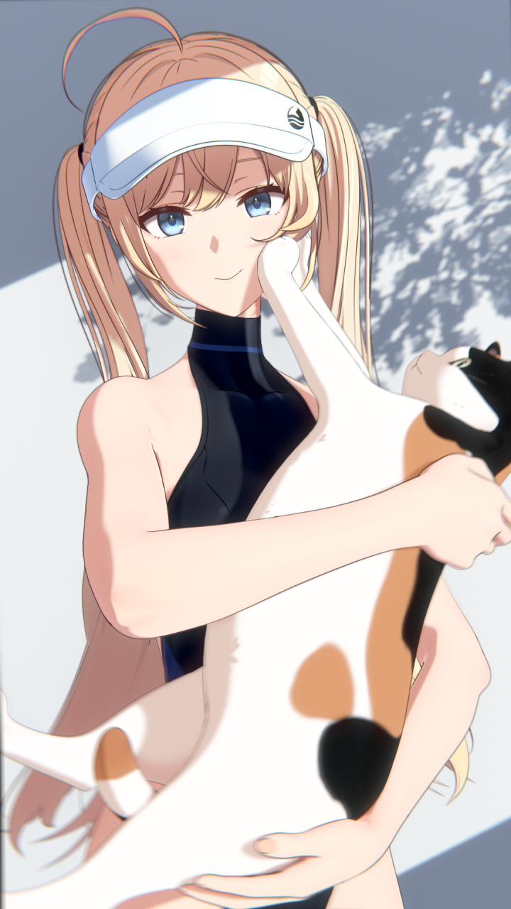 akehi yuki, original, commentary request, highres, paid reward available, 1girl, 3d, animal, backless leotard, black leotard, blonde hair, blue eyes, cat, cowboy shot, dappled sunlight, hat, highleg, highleg leotard, holding, holding animal, holding cat, leotard, long hair, looking at viewer, miyo (akehi yuki), smile, standing, sunlight, twintails, visor cap, white hat