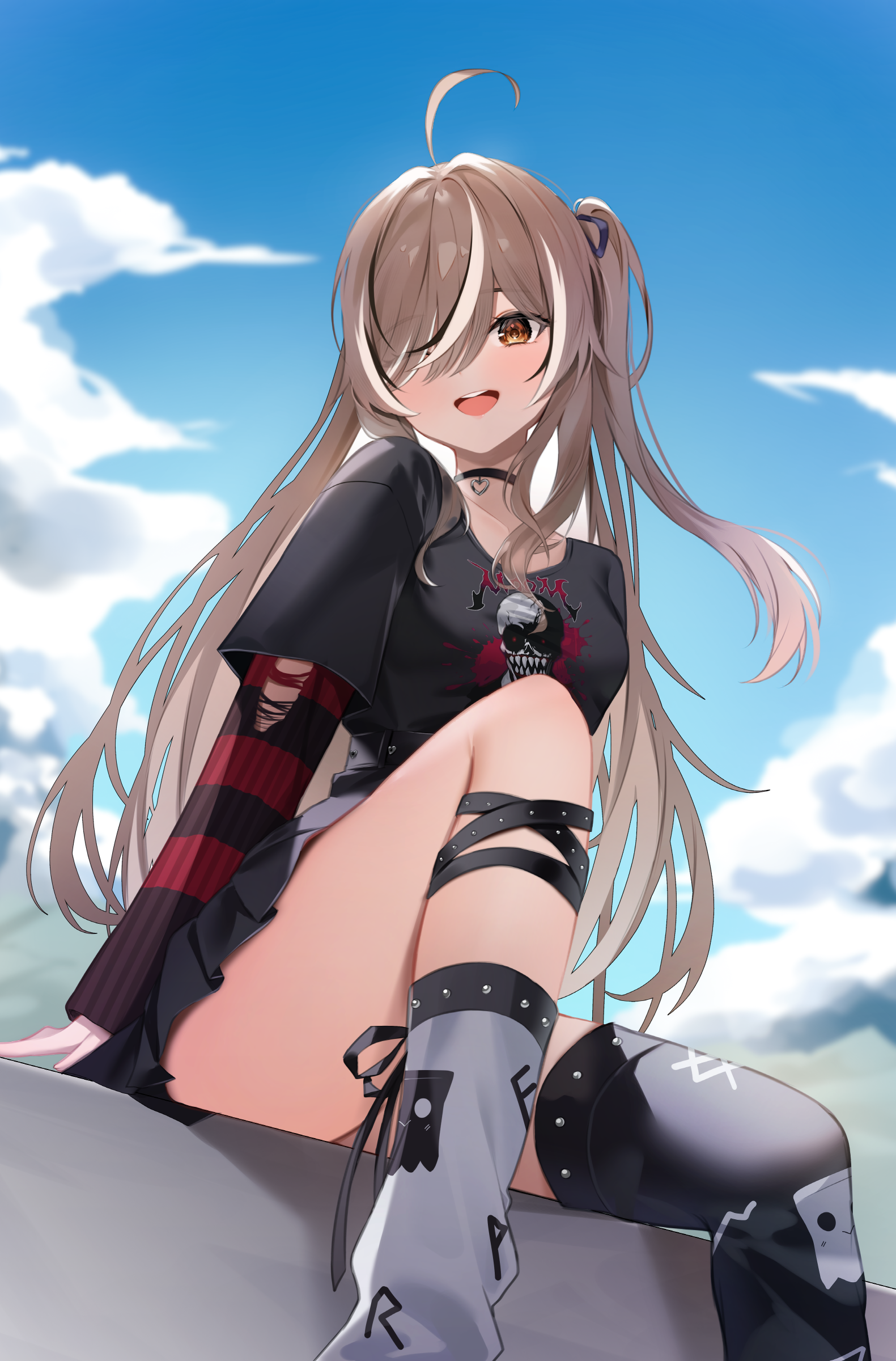 shuvi (shuvi1125), nanashi mumei, nanashi mumei (emo), hololive, hololive english, absurdres, commentary request, highres, 1girl, ahoge, asymmetrical legwear, belt, black belt, black choker, black hair, black leg warmers, black shirt, brown eyes, brown hair, choker, emo fashion, fishnets, hair over one eye, hair ribbon, heart, heart choker, jewelry, leg warmers, light smile, long hair, long sleeves, miniskirt, mismatched legwear, multicolored hair, necklace, open mouth, outdoors, ribbon, shirt, shirt tucked in, sitting, skirt, solo, streaked hair, striped clothes, teeth, torn clothes, torn sleeves, uneven legwear, upper teeth only, virtual youtuber, white hair, white leg warmers