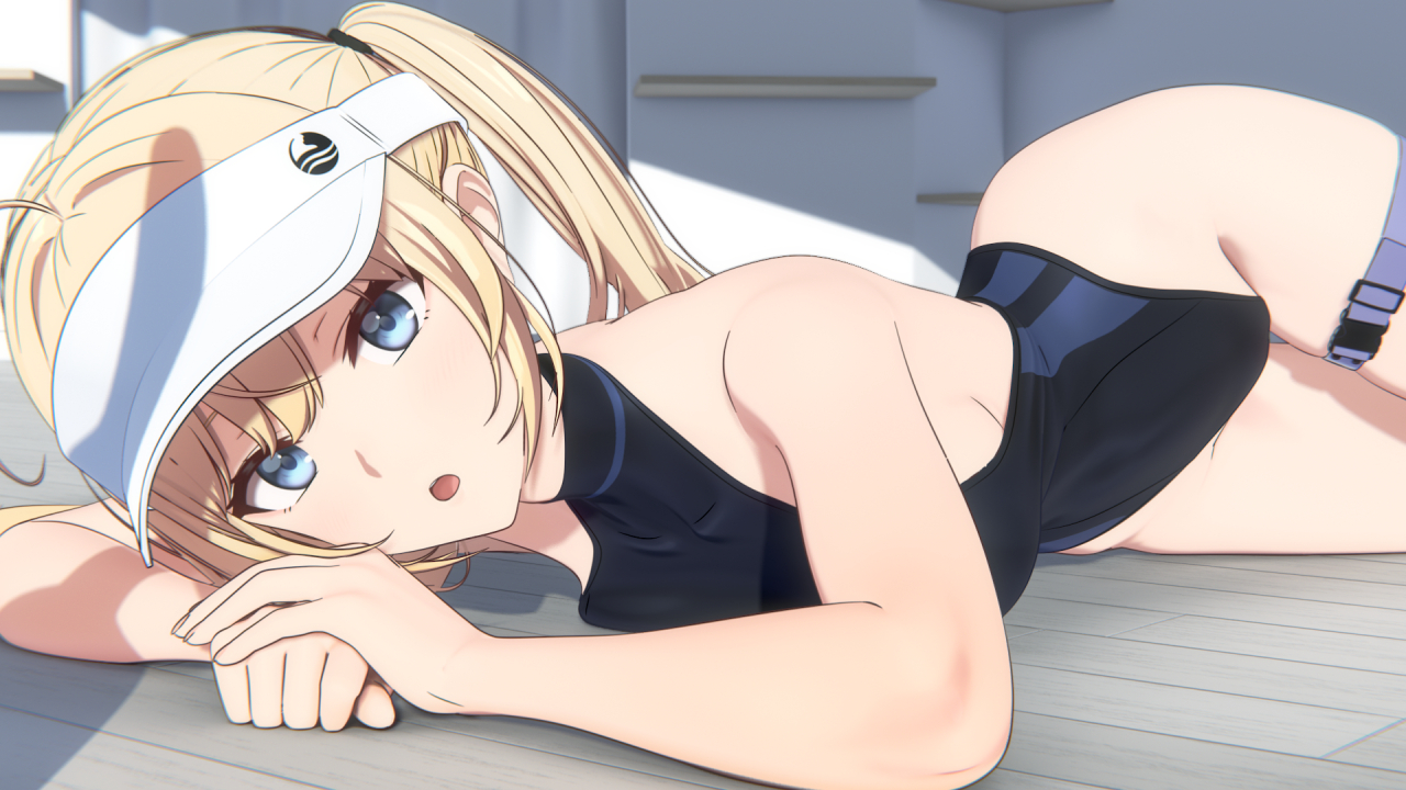 akehi yuki, original, commentary request, paid reward available, 1girl, 3d, :o, backless leotard, black leotard, blonde hair, blue eyes, buckle, hat, highleg, highleg leotard, indoors, leotard, long hair, looking at viewer, lying, miyo (akehi yuki), on floor, on side, snap-fit buckle, thigh gap, thigh strap, thighs, twintails, visor cap, white hat, wooden floor