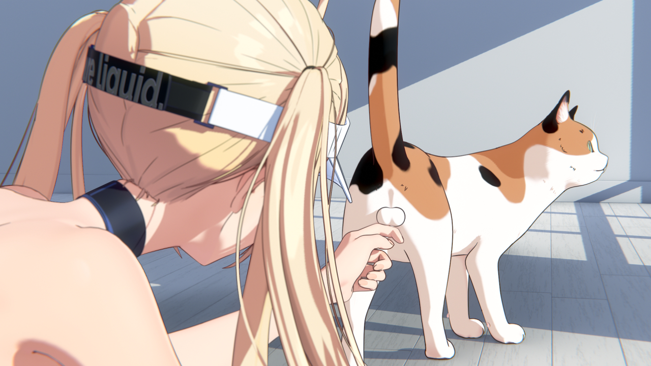 akehi yuki, original, commentary request, paid reward available, 1girl, 3d, backless leotard, black leotard, blonde hair, blue eyes, caressing testicles, cat, from behind, hat, highleg, highleg leotard, indoors, leotard, long hair, miyo (akehi yuki), testicles, twintails, visor cap, white hat, wooden floor