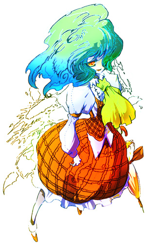 mura kuroe, kazami yuuka, touhou, bad id, bad pixiv id, 1girl, ascot, closed umbrella, female focus, green hair, hair over one eye, plaid clothes, plaid skirt, plaid vest, puffy sleeves, red eyes, short hair, skirt, skirt set, solo, umbrella, vest