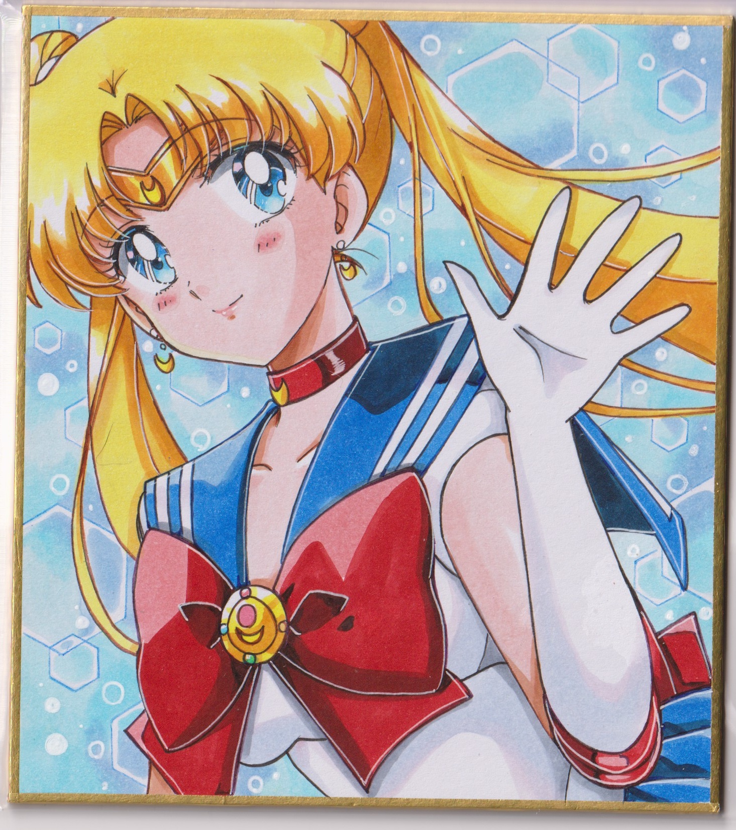 chikoto (kztc4472), sailor moon, tsukino usagi, bishoujo senshi sailor moon, commentary, highres, traditional media, 1girl, blonde hair, blue background, blue bow, blue bowtie, blue eyes, blue sailor collar, blush, bow, bowtie, choker, circlet, closed mouth, collarbone, double bun, earrings, elbow gloves, gloves, hair bun, hand up, jewelry, long hair, looking at viewer, parted bangs, red choker, sailor collar, sailor senshi uniform, shirt, short sleeves, smile, solo, upper body, white gloves, white shirt