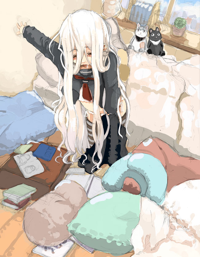 lefty10, bad id, bad pixiv id, 1girl, bed, book, book stack, cactus, cat, drooling, female focus, indoors, long hair, messy hair, pillow, saliva, school uniform, serafuku, sleepy, solo, striped clothes, striped thighhighs, stuffed animal, stuffed toy, thighhighs, white hair, window