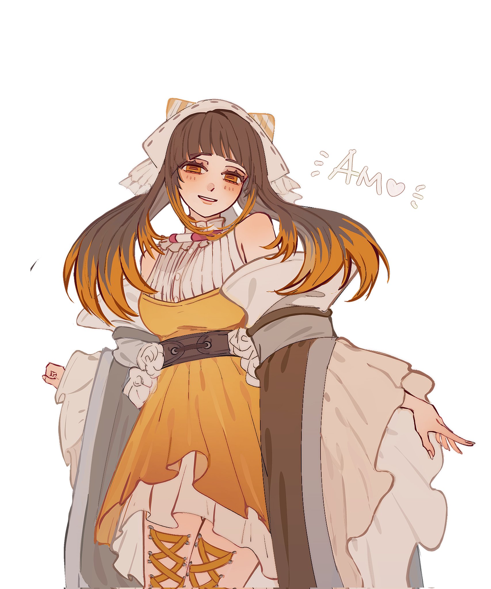 remonucha, gachiakuta, highres, 1girl, amo empool, belt, brown belt, brown hair, detached sleeves, dress, frilled sleeves, frills, hat, long hair, looking at viewer, open mouth, orange dress, orange eyes, orange hair, sidelocks, skirt, smile, solo, white hat, white skirt, white sleeves, wide sleeves