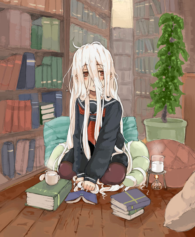 lefty10, bad id, bad pixiv id, 1girl, book, book stack, bookshelf, cup, female focus, library, long hair, messy hair, pantyhose, pillow, plant, school uniform, serafuku, sitting, solo, tea, teacup, very long hair, white hair