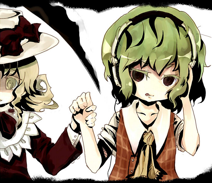 k no hito, elly (touhou), kazami yuuka, lotus land story, touhou, touhou (pc-98), bad id, bad pixiv id, 2girls, :q, ascot, blonde hair, bow, female focus, green hair, hat, hat bow, headphones, holding hands, multiple girls, plaid clothes, plaid vest, red eyes, scythe, short hair, tongue, tongue out, vest, yellow eyes