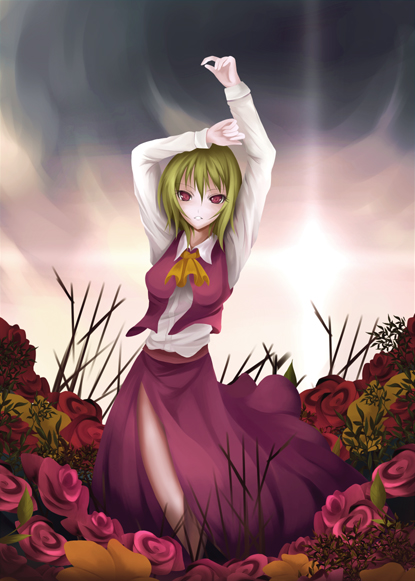 seiha (tinnke), kazami yuuka, touhou, bad id, bad pixiv id, 1girl, arms up, ascot, dress shirt, female focus, flower, green hair, red eyes, red flower, red rose, rose, shirt, skirt, skirt set, solo, sun, vest
