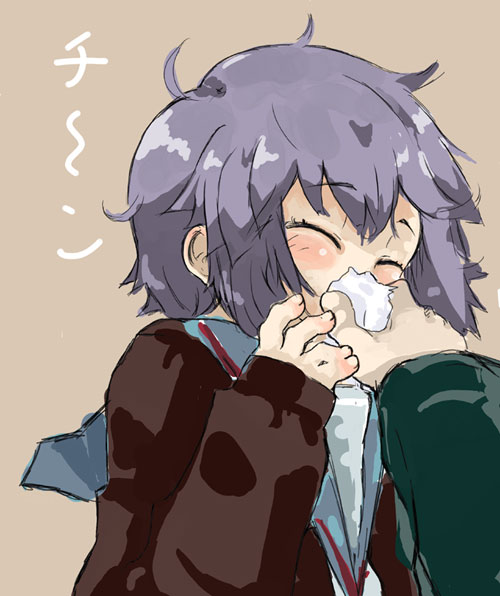 lefty10, nagato yuki, suzumiya haruhi no yuuutsu, bad id, bad pixiv id, translated, 00s, blush, cardigan, closed eyes, messy hair, purple hair, school uniform, serafuku, short hair, sneezing, solo, tissue