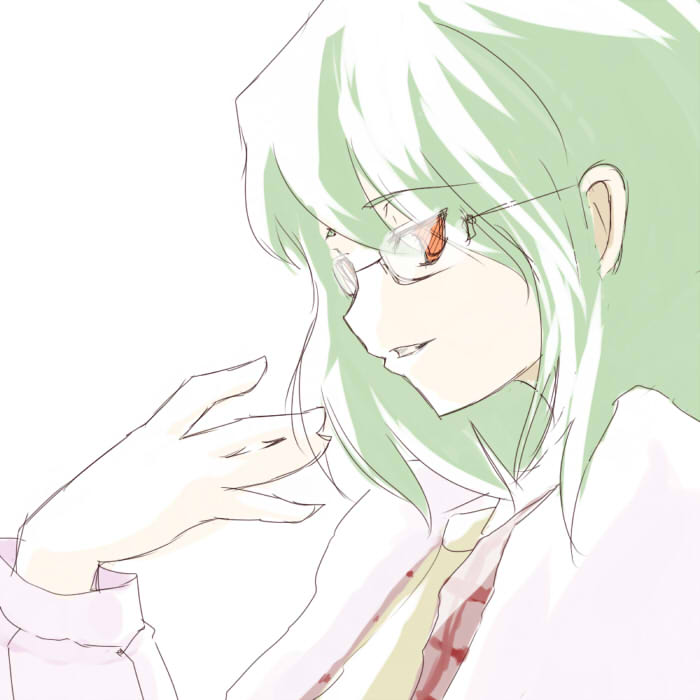 suisai (suisao), kazami yuuka, touhou, 1girl, ascot, bespectacled, female focus, glasses, green hair, grin, hand on own face, plaid clothes, plaid vest, red eyes, short hair, sideways mouth, smile, solo, upper body, vest